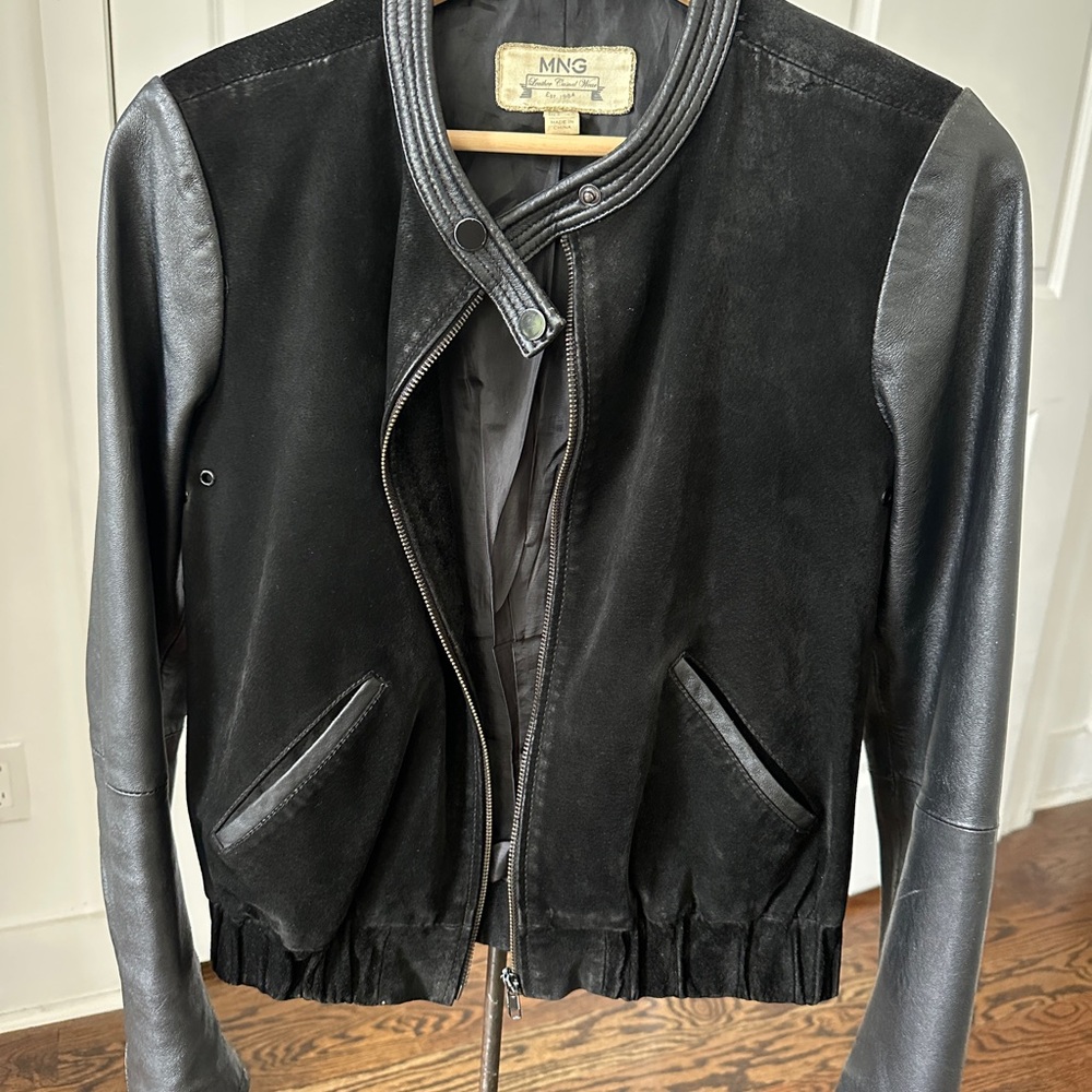 Mango Women's Black Leather Suede Bomber Jacket XS